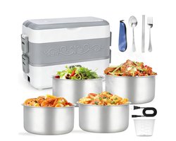 200W Verwarmde Elektrische Lunchbox - Thermische Dubbelwandige Lunchbox 2.4L - Met 4 RVS Binnentanks En Bestekset - Draagbare Voedselwarmer En Opbergtas - Meal Prep Bakje Snackbox En Vershouddoos - Ideaal Voor Werk Auto Kantoor Thuis En Onderweg — cadeau in Kookcadeaus