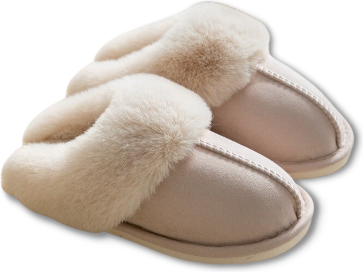 Pantoffels Dames en Heren Fluffy Open Sloffen met Pluche Voering Antislip Zool - Beige - Maat 40/41 valt klein