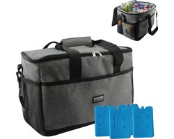 Rockerz Koeltas - 4 laags geïsoleerde grote Koeltas - Incl. 4 koelelementen - 30 liter - Lunchtas - Picknicktas - Capaciteit voor 48x 33 cl blikken of 24x 33 cl flesjes - Slijtvast en duurzaam materiaal - Waterdicht en vuilafstotend - kleur: Grijs — cadeau in Sport & Outdoor