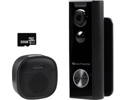 Quality4Less™ - Slimme Draadloze Video Deurbel met camera - 3MP Ultra HD - Wifi deurbel - Zonder abonnement - Incl. draadloze gong en 32GB SD-Kaart - (T-ring geluid) - Zwart — cadeau in Elektronica