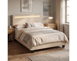Xbro Gestoffeerd Bed 120 x 200 cm – met Bedhoofdbord LED-Verlichting – Tweepersoonsbed met Hoofdbord en Lattenbodem – Beige — cadeau in Cadeau-ideeën