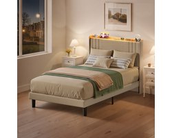Xbro Gestoffeerd Bed 120 x 200 cm – met LED-Verlichting & USB/Type-C Oplaadpoort – Tweepersoonsbed met Hoofdbord en Lattenbodem – Beige — cadeau in Cadeau-ideeën