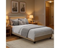 Xbro Gestoffeerd Bed 90 x 200 cm – met Bedhoofdbord LED-Verlichting – Eenpersoonsbed met Hoofdbord en Lattenbodem – Beige — cadeau in Cadeau-ideeën
