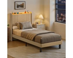 Xbro Gestoffeerd Bed 90 x 200 cm – met LED-Verlichting & USB/Type-C Oplaadpoort – Eenpersoonsbed met Hoofdbord en Lattenbodem – Beige — cadeau in Cadeau-ideeën