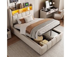 PugsdrlyGestoffeerd bed 90*200 cm met ledverlichting en USB-aansluiting, hoofdeinde met opbergvlakken en opbergruimte, met hydraulische opbergruimte, eenpersoonsbed voor kinderen, beige linnen — cadeau in Cadeau-ideeën