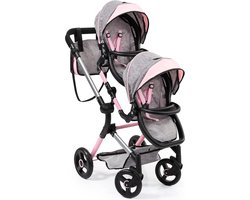 Twin Neo Tweeling poppenwagen verstelbare- zwenkbaar duwstang met tas roze grijs - Voor poppenmoeders Duo kinderwagen — cadeau in Spellen & Speelgoed