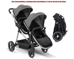 Mila Shop Tweeling buggy - Duo Buggy - Duo kinderwagen - Incl. 2 omvormbare zitjes & reiswiegjes - Geschikt voor 1 0f 2 kindjes vanaf geboorte tot 25KG - Zwart/Grijs — cadeau in Cadeau-ideeën