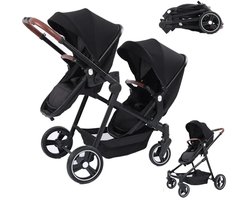 Velmio Tweeling buggy - Duo kinderwagen - Dubbele kinderwagen - Incl. 2 Omvormbare Zitjes & Reiswiegjes - Schokabsorberend - Duo Buggy - Verstelbaar - Zwart — cadeau in Cadeau-ideeën