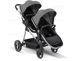 Tweeling Kinderwagen Duo - Compact Inklapbaar - Verstelbare Zittingen - Inclusief Opbergmand - Zwart- Grijs — cadeau in Cadeau-ideeën