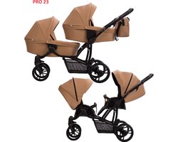 Bebetto 42 PRO Duowagen - Eco Leer bekleding - Tweeling kinderwagen Eco leather - duo buggy leder 2 in 1 (2 wiegen + 2 zitjes) Bruin 03 — cadeau in Cadeau-ideeën