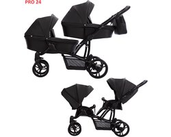 Bebetto 42 PRO Duowagen - Eco Leer bekleding - Tweeling kinderwagen Eco leather - duo buggy 2 in 1 (2 wiegen + 2 zitjes) Black 04 — cadeau in Cadeau-ideeën
