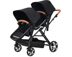 Mila Shop Tweeling buggy - Duo Buggy - Duo kinderwagen - Incl. 2 omvormbare zitjes & reiswiegjes - Geschikt voor 1 0f 2 kindjes vanaf geboorte tot 22KG - Zwart — cadeau in Cadeau-ideeën