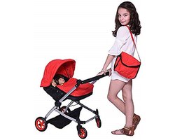 Tweeling Pop Deluxe Kinderwagen Rood - Hoogte Verstelbaar - Luier Zak - voor 18 inch 46 cm Poppen poppenstoel — cadeau in Spellen & Speelgoed