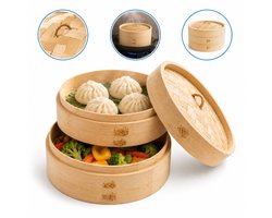 Tomec® Stoommand Bamboe 3-delig – Stoommandje en Stomer voor Dumplings, Dim Sum, Rijst en Groente — cadeau in Kookcadeaus