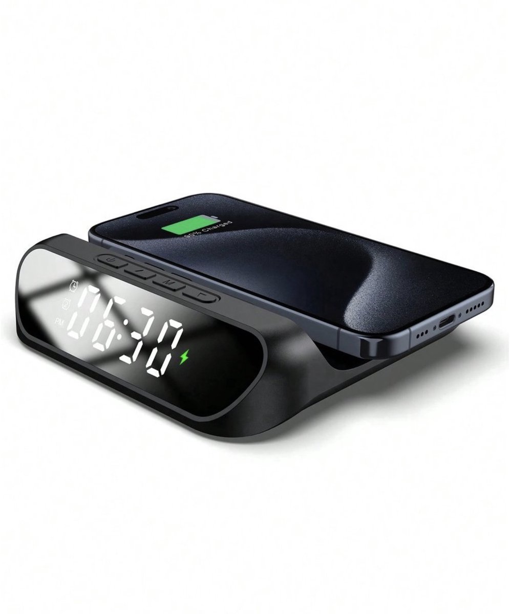 Draadloze Oplader met Wekker, Thermometer, LED-display en Nachtlampje – Alles-in-één Oplossing voor jouw Nachtkastje