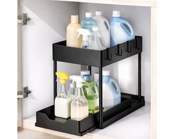 Joyage Keukenkast Organizer uitschuifbaar - Schuiflade Keukenkast - Aanrecht Organiser – Keuken Organizers - Kast Organizer - Kitchen Organizer Lade Organizer Zwart - Under sink Organizer - Gootsteenkast Organizer Keukenrek - Badkamer organizer — cadeau in Cadeau-ideeën