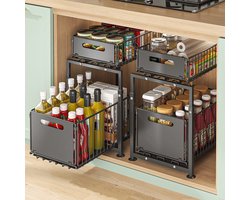 2-laags uittrekbare keuken opbergrek onder kast, zwarte metalen draadmand lade organizer, schuifbare opbergbak voor keukenkast, voor potten pannen voorraad, onderaanrecht opbergoplossing voor keuken en badkamer opruiming — cadeau in Cadeau-ideeën