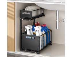 OUYLAF Gootsteenkast organizer, Opberglade Voor Onder De Gootsteen Met 2 Niveaus, Uittrekbare Lade-Organizer, Metalen Schuifbare Opbergmand Voor Keuken, keukenkast organizer zwart — cadeau in Cadeau-ideeën