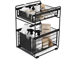 BOTC Gootsteenkast Organizer - Keukenkast Organizer - Aanrecht Organizer - Dubbel Uitschuifbaar - Aanrecht - Lade - Zwart — cadeau in Cadeau-ideeën