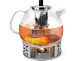 Stijlvolle glazen theepot van 1500 ml met filter en warmhouder voor losse thee, fruitinfusies en geurige theesoorten — cadeau in Kookcadeaus