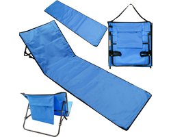 Strandmat met Rugleuning en Opbergvak Ligbed - Strandstoel - Opvouwbaar - Inklapbaar - Draagbaar - Tas - Blauw — cadeau in Sport & Outdoor