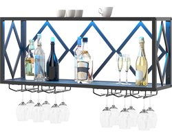 COSTWAY Wijnrek voor aan de muur met ledverlichting, 2 niveaus flessenrek hout met metalen frame, met 6 rijen wijnglashouder, industrieel design, ideaal voor thuis, bar, keuken en restaurant — cadeau in Wonen & Interieur