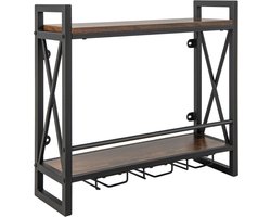 KOMFOTTEU Wijnrek voor aan de muur, flessenrek hout met metalen frame, decoratief wandrek met bekerhouder voor glazen, flessenhouder voor bar, keuken, woonkamer (60 x 20 x 55 cm) — cadeau in Wonen & Interieur