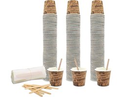 Set van 150 Herbruikbare Papieren Koffiebekers met Houten Schepjes | Ideaal voor Kantoor, Evenementen en Thuis — cadeau in Cadeau-ideeën