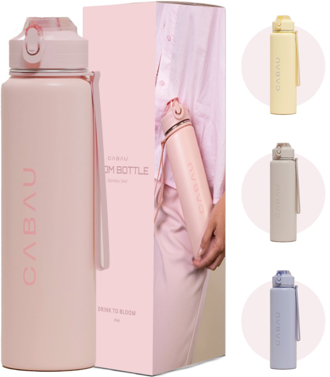 Bloom RVS Waterfles 870ml Soft Pink | Geïsoleerde BPA-vrije & Lekvrije Thermosfles | Duurzame Herbruikbare Drinkfles met Schoonmaakborstel & Draagkoord | BPA vrij Sportfles Dames | Waterfles Volwassenen | Cadeau voor Haar