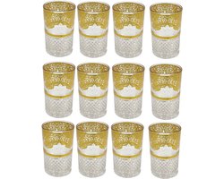 Marokkaanse Theeglazen - Drinkglas - Set of 12 - Traditionele Theeglazen met Goud Motief - Oosterse Thee Glazen - Luxe Marokkaanse Glazen - 160ml - Transparant met Goudkleurig Motief — cadeau in Koken & Dineren