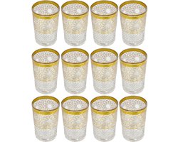 Marokkaanse Theeglazen Set – 12 Stuks – Traditionele Thee Glazen met Goud Motief – Arabische Muntthee Glazen – Oosterse Theeglazen – Luxe Marokkaanse Glazen – 160 ml – Transparant met Goudkleurig Motief — cadeau in Koken & Dineren