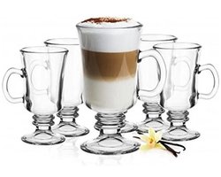 Kayaglas - Luxe Irish Coffee – Koffieglazen – Latte Macchiato Glazen op voet met handvat - cappuccino glazen - Set van 6 - 250 ml — cadeau in Koken & Dineren