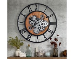 Houten Grote Industriele Zwarte Wandklok met Draaiende Tandwielen Rond 57 cm Romeinse Cijfers Decor Muurklok voor Woonkamer Slaapkamer Bar — cadeau in Wonen & Interieur