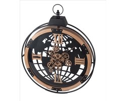 Klok - Wandklok - Tandwielen - Met Glasplaat - Hoogte: 88cm - Ø 66cm - Metaal - Mango Hout - Industrieel - Zwart - Wereldbol - Bruin. — cadeau in Wonen & Interieur