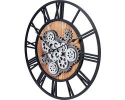 QPFO® Grote industriële houten wandklok met draaiende tandwielen ronde muurklok 57 cm met Romeinse cijfers zwart — cadeau in Wonen & Interieur