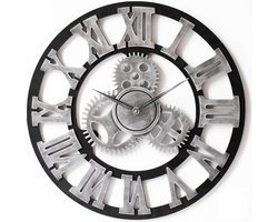 LW Collection Wandklok grijs zwart 40cm - Kleine houten klok met tandwielen romeinse cijfers - Industriële wandklok stil uurwerk — cadeau in Wonen & Interieur