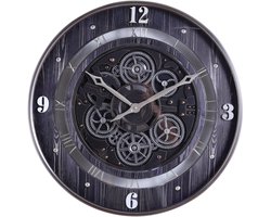 Fresco Wandklok 60 Ø cm met Bewegende Tandwielen – Black Wood & Silver – Grote Industriële Wandklok — cadeau in Wonen & Interieur