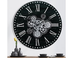 Grote Industriële Zwarte Wandklok - met Draaiende Tandwielen - 57 cm - Hout — cadeau in Wonen & Interieur