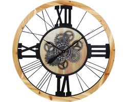 LW Collection wandklok met draaiende tandwielen bruin zwart 80cm met glasplaat - Radar wandklok - wandklok met bewegende wandwielen — cadeau in Wonen & Interieur