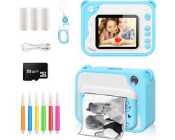 Ilona® 3 IN 1 Digitale Kindercamera met Fotoprinter + Instant print + Speelcamera - 32GB micro sd kaart - Camera Kinderen - Vlogcamera met Games - Fototoestel voor Kinderen - Klein Formaat Speelgoed - Met Videofunctie - Blauw — cadeau in Spellen & Speelgoed