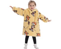 Katten & honden fleece hoodie deken met mouwen - fleece poncho voor kinderen – Draagbare deken - fleece plaid met mouwen - maat 98/128 – lengte 60 cm – warm & zacht – relax outfit kids– geel - Badrock — cadeau in Wonen & Interieur
