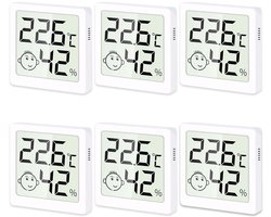 6 stuks mini-thermometer/hygrometer voor binnen, digitale thermometer, hygrometer met smiley-display, temperatuur en luchtvochtigheidsmeter voor babykamer, woonkamer, kantoor, broeikas, werkkamer — cadeau in Cadeau-ideeën