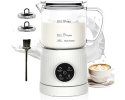 Elektrische Melkopschuimer 4-in-1 - Automatische Melkverwarmer - Koffie Schuimer voor Latte Cappuccino Macchiato - Warme en Koude Melkschuim Maker - Glazen Beker - Wit — cadeau in Kookcadeaus