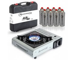 Hikemeister ® camping kooktoestel 1 pit 2200 KW draagbaar – Grijs – Inclusief 8 gasbussen – Butaangas Gasstel Gasfornuis Gaspit - Campingkooktoestel Gas Kookplaat - Met Koffer — cadeau in Sport & Outdoor