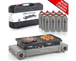 Hikemeister® Dubbel Camping Kooktoestel 2 Pits – 2x 2.2 kW – Inclusief 12 Gasbussen & Grillplaat – Draagbaar Gasstel – Butaangas Kookplaat – Campingkooktoestel - Met Koffer – Grijs — cadeau in Sport & Outdoor