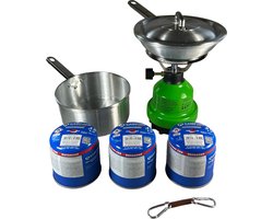 Camping Gasstel – Camping Kookset - Draagbaar Outdoor Kooktoestel met 3x 190g Gasbus, Koekenpan & Steelpan — cadeau in Sport & Outdoor