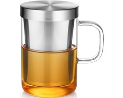 Glazen theebeker met roestvrijstalen zeef en bamboe deksel - 500 ml — cadeau in Kookcadeaus