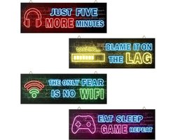 Set van 4 houten bordjes met gaming spreuken voor muurdecoratie — cadeau in Wonen & Interieur