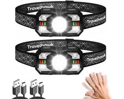 Travelhawk Hoofdlamp Oplaadbaar - 2000 Lumen - 2 Stuks - Wit & Rood Licht - Koplamp - Hardloop Verlichting - Zwart — cadeau in Sport & Outdoor