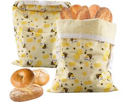 Bijenwas Broodzakken - Set van 2 - Katoenen broodzakken met bijenwas - Natuurlijke materialen - Water- & oliebestendig, houdt voedsel vers - 43 x 33 cm - Schattig bijenpatroon — cadeau in Koken & Dineren
